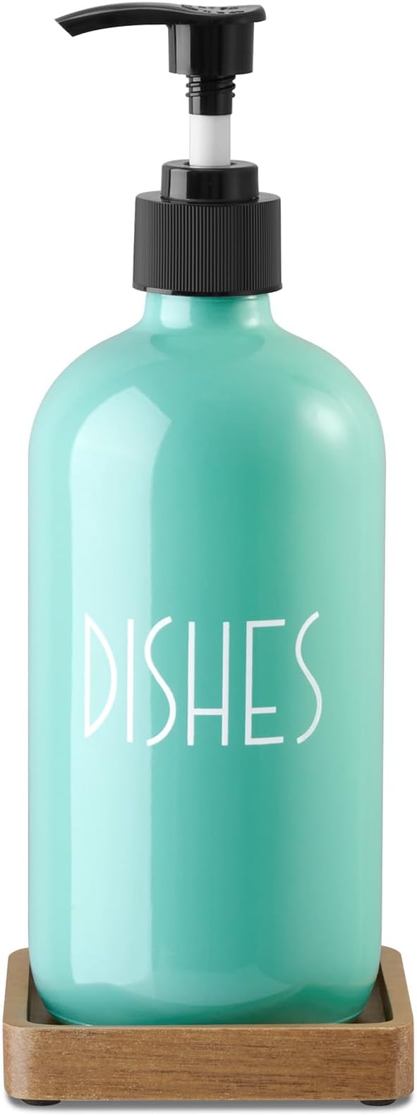 Turquoise Glass Dish Soap Dispenser with Acacia Wood Tray, 16 oz Refillable Kitchen Soap Pump Bottle, Decorative Teal Countertop Soap Dispenser Set for Kitchen, Bathroom, Restaurant