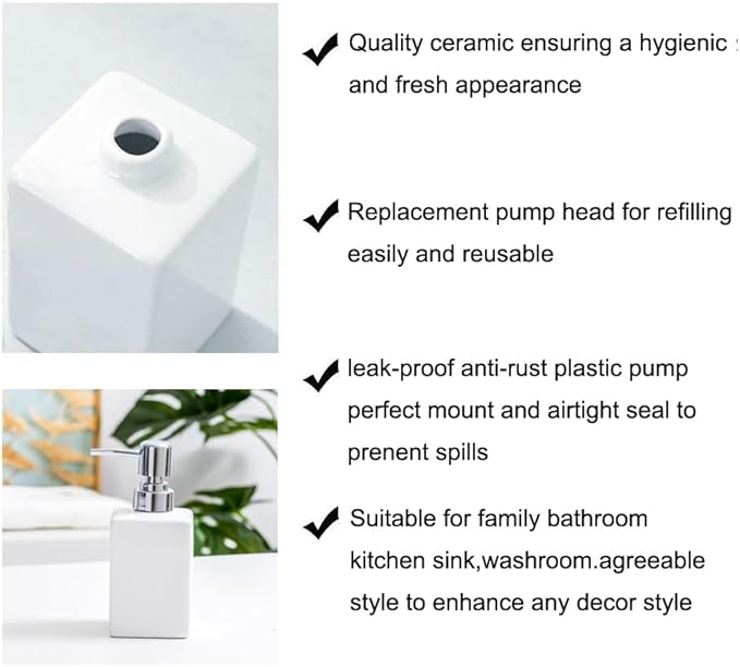 White Bathroom Accessories Set 2Pcs,Ceramic Soap Dispenser and Toothbrush Holder,Modern Decor Square Countertop Bath Set with Toothbrush Cup