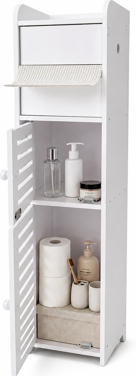 BorealBear Slim Bathroom Storage Cabinet with Toilet Paper Holder, Narrow Bathroom Cabinet for Small Spaces, Freestanding Organizer with Door & Shelves, Space Saving White Bathroom Cabinet