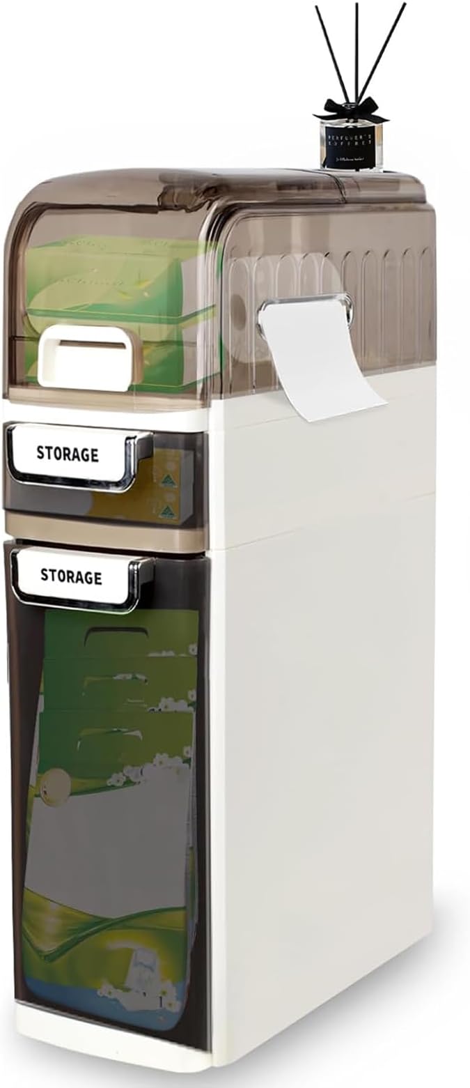 3-Tiers Slim Narrow Bathroom Storage Cabinet with Drawers, Waterproof Skinny Bathroom Storage Floor Cabinet with Tissue Box and Wheels for Small Spaces