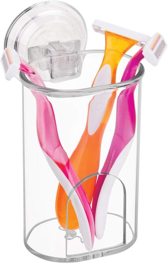 mDesign Compact Plastic Suction Storage Center for Bathroom Organization of Toothbrushes, Electric Toothbrushes, Razors - 2 Pack - Clear