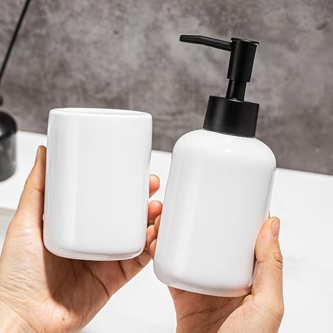 White Bathroom Accessories Set 2 Pieces,Ceramic Soap Dispenser and Toothbrush Holder,Modern Decor Bath Set Countertop Organizer