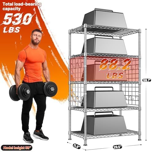 DurayLoly Storage Shelves with Hooks, Metal Shelving 5 Tier Adjustable, 2 Side Panels, Shelving Unit Easy Assemble, Storage Rack 530LBS, Wire Shelving for Kitchen, Pantry, 29.5" W x 11.8" D x 59.1" H