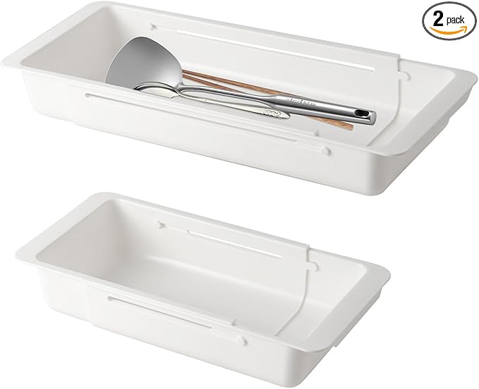 SnowTing 2 PCS Deep Drawer Organizer, 2 Sizes Expandable & Adjustable White Plastic Organizer, Sliding Drawer Storage Bins for Kitchen Utensils, Office Supplies, Cosmetics, Tools