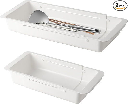 SnowTing 2 PCS Deep Drawer Organizer, 2 Sizes Expandable & Adjustable White Plastic Organizer, Sliding Drawer Storage Bins for Kitchen Utensils, Office Supplies, Cosmetics, Tools