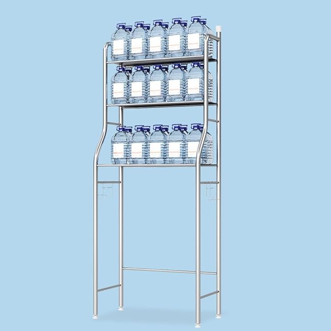 3-Tier Over The Toilet Storage, Freestanding Metal Bathroom Shelves, Above Toilet Storage Rack with Hooks and Paper Holder, Space-Saving, for Bathroom Restroom Laundry, Black