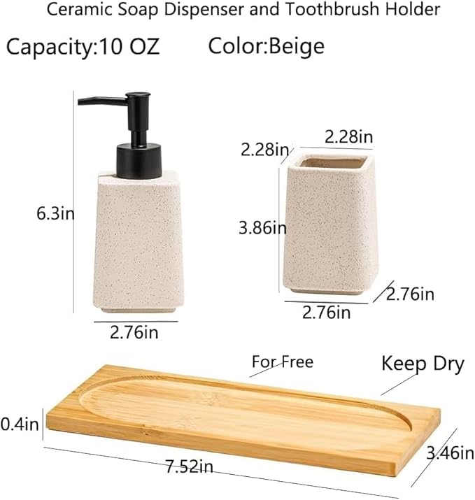 Beige Soap Dispenser and Toothbrush Holder Set,2pcs Ceramic Bathroom Accessories Set,Lotion Dispenser and Tumbler for Modern Bathroom Decor