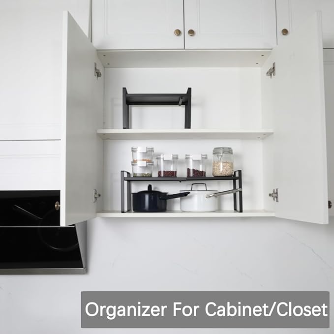 Expandable Cabinet Shelf Organizer Riser for Kitchen Pantry Cupboard Under Sink Countertop (black, 8.2’’D * 12.2-21.6’’W * 7.7’’H)