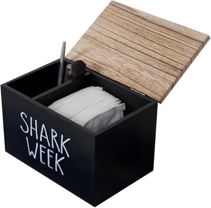 Sanitary Napkin Storage Container, 2 Compartments Pad and Tampon Organizer, Wooden Menstrual Care Storage Box, 7.9x5.1x5.1inches Black