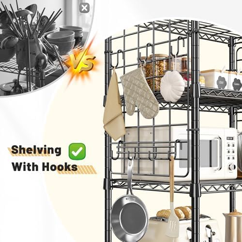 DurayLoly Storage Shelves with Hooks, Metal Shelving 5 Tier Adjustable, 2 Side Panels, Shelving Unit Easy Assemble, Storage Rack 530LBS, Wire Shelving for Kitchen, Pantry, 29.5" W x 11.8" D x 59.1" H