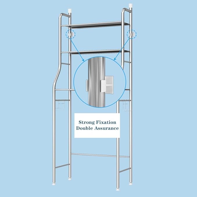 2-Tier Over The Toilet Storage, Freestanding Metal Bathroom Shelves, Above Toilet Storage Rack with Hooks and Paper Holder, Space-Saving, for Bathroom Restroom Laundry, Stainless Steel