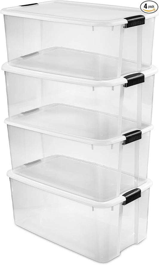 Sterilite 4-Pack Ultra Latching Box, Storage Bins with Lids, Clear Plastic, 116 Quart - Heavy-Duty Organizing Containers for Closet, Bathroom, and Office