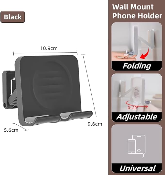 Wall Mount Shower Phone Holder with 3pcs Adhesive Stickers | Adjustable and Removable Phone Stand for Bathroom Kitchen | Cellphone Holder for iPhone Samsung Galaxy Tablet Switch - Black