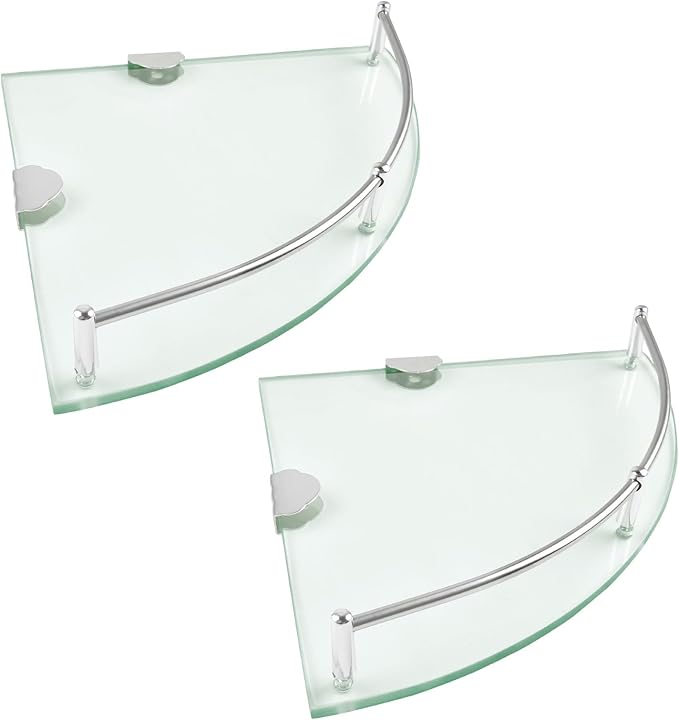 2 Pack Glass Corner Shelf, Corner Shower Shelf with Stainless Steel Rails, Tempered Glass Shower Caddy, Wall Mounted Glass Shelf for Bathroom Organization, 9.25x9.25x0.24 in, Silver