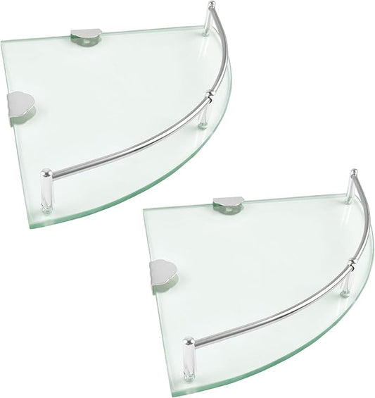 2 Pack Glass Corner Shelf, Corner Shower Shelf with Stainless Steel Rails, Tempered Glass Shower Caddy, Wall Mounted Glass Shelf for Bathroom Organization, 9.25x9.25x0.24 in, Silver