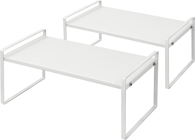 Nxconsu 2 Pack Cabinet Shelf Organizer 16.1"x8.3"x7.3" White, Stackable Kitchen Counter Shelf Riser, Heavy Duty 3mm Steel Storage Rack for Pantry Cupboard Bathroom Under Sink, 50lbs Capacity, Non-Slip