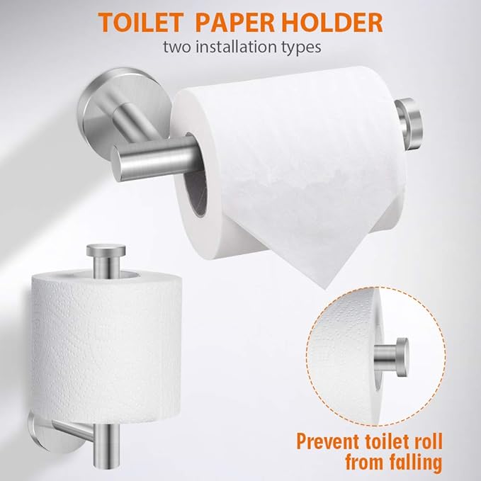 Tudoccy 5-Pieces Bathroom Hardware Set Brushed Nickel SUS304 Stainless Steel Round Wall Mounted - Includes 16" Hand Towel Bar, Toilet Paper Holder, 3 Robe Towel Hooks,Bathroom Accessories Kit