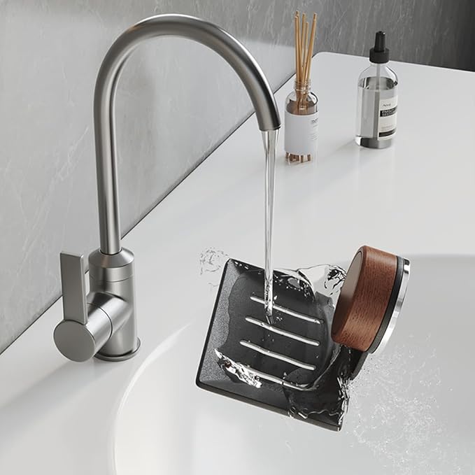 Soap Dish, Walnut and Stainless Steel, Soap Bar Holder for Shower Suction Cup Wall Mounted, No-Drilling Waterproof Sponge Holder (Black)