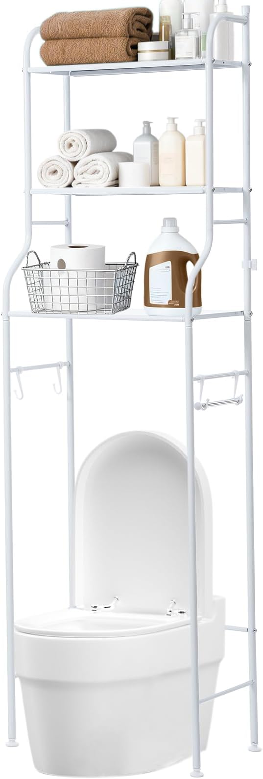 3-Tier Over The Toilet Rack,Bathroom Shelf Space Saver,Corner Stand Storage Organizer Accessories,The Over The Toilet Storage,with Hanging Rod,Tower Shelf,White