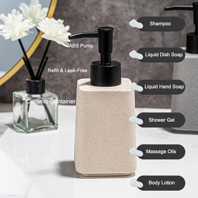 Beige Soap Dispenser and Toothbrush Holder Set,2pcs Ceramic Bathroom Accessories Set,Lotion Dispenser and Tumbler for Modern Bathroom Decor