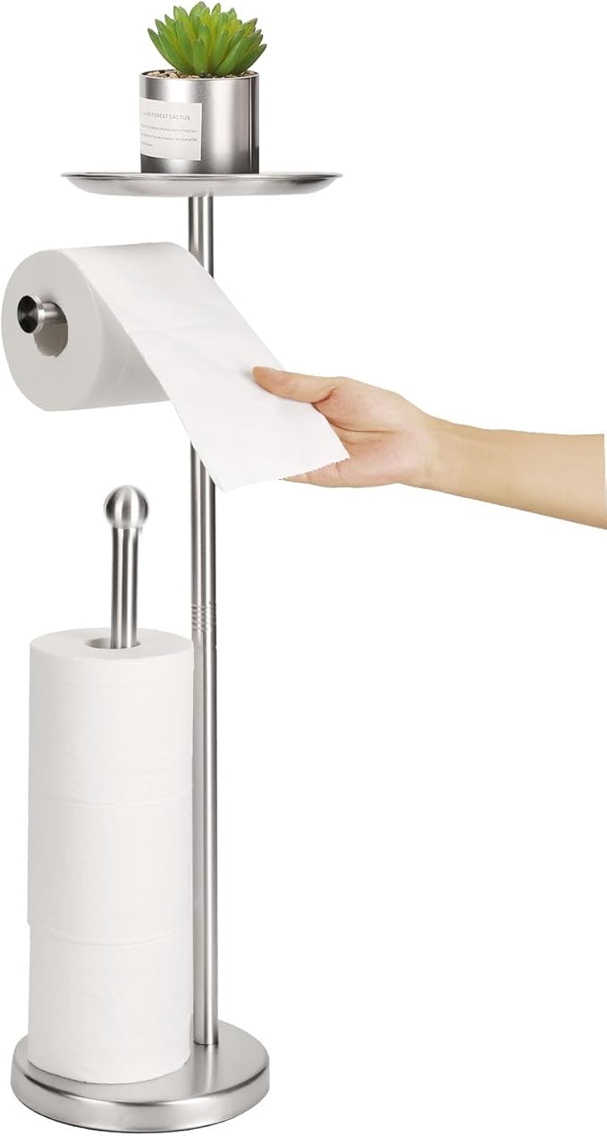 Toilet Paper Holder Stand with Phone Shelf, Freestanding TP Holder, Holds 5 Rolls, Stainless Steel (Brushed Nickel)