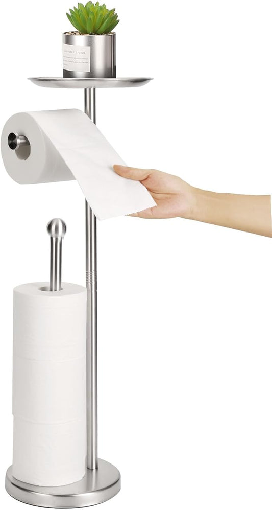 Toilet Paper Holder Stand with Phone Shelf, Freestanding TP Holder, Holds 5 Rolls, Stainless Steel (Brushed Nickel)