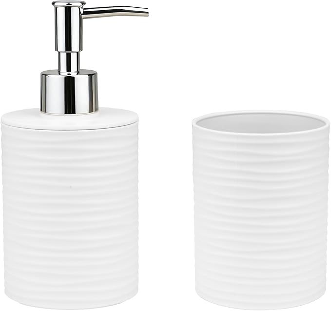Bathroom Accessories Set, 2-Piece White Soap Dispenser & Toothbrush Holder with Ripple Texture & Rust-Proof Pump, Modern Matte Organization