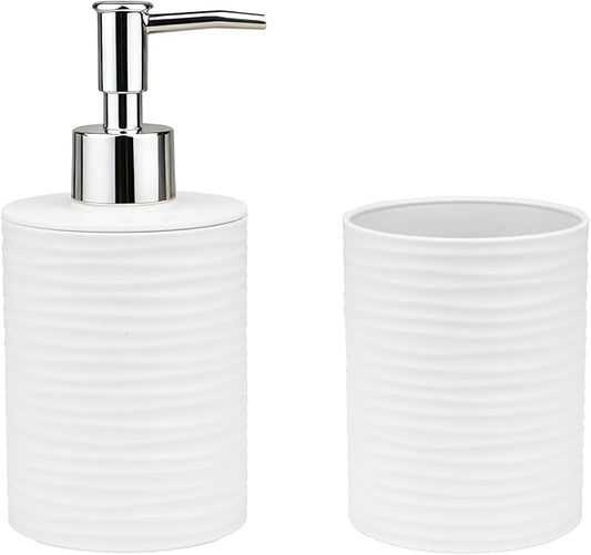 Bathroom Accessories Set, 2-Piece White Soap Dispenser & Toothbrush Holder with Ripple Texture & Rust-Proof Pump, Modern Matte Organization