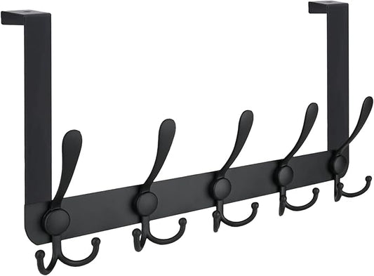 TICONN Over The Door Hooks, 5 Heavy Duty Tri Coat Rack All Metal Coat Hanger for Bathroom Bedroom Dorm (Matte Black, 1PK, Fit 1-3/8" Doors)