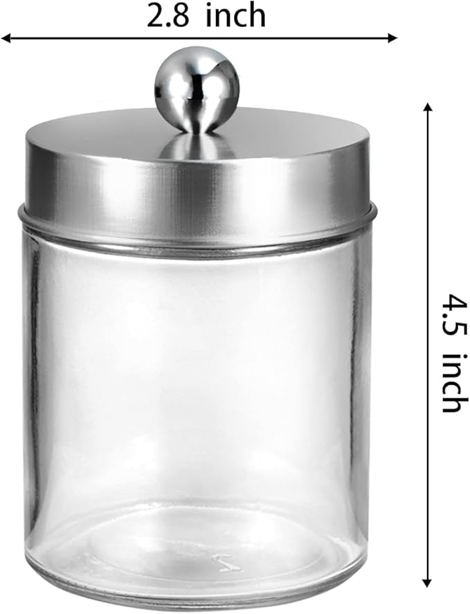 Amolliar 4Pc Apothecary Jars Bathroom Vanity Storage Organizer Set -Countertop Canister with Stainless Steel Lids &Stickers - Qtip Dispenser Holder for Qtip,Cotton Swab,Makeup Sponge (Brushed Nickel)