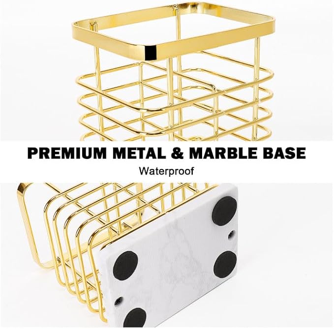 Toothbrush Holder, Luxurious Metal Toothbrush Toothpaste Holder with Marble Base for Bathroom, Multi-Slots Openwork Design, Bathroom Accessory for Storage and Organizer (Small, Gold)