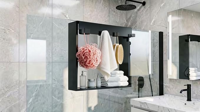 Over the Door Shower Caddy for Glass Door – 20"x16" Stainless Steel Hanging Shelf with Hooks, No-Drilling Frameless Shower Organizer, Rust-Proof Bathroom Storage for Towels & Toiletries