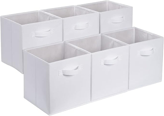 Amazon Basics Collapsible Fabric Storage Cubes Organizer with Handles, Sturdy Storage Bins, White, 10.5-x-10.5-x-11-inch, 6-Pack