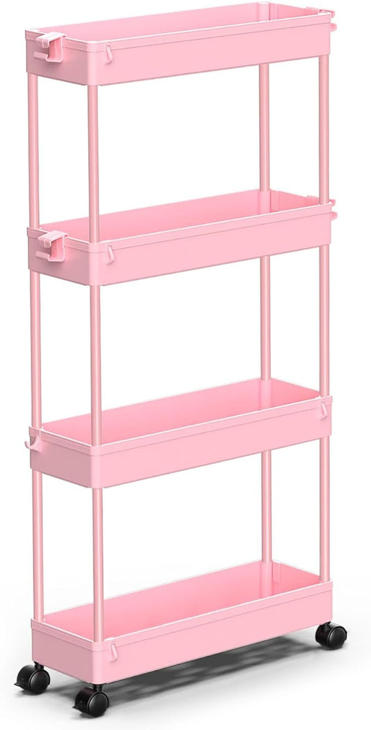 SPACEKEEPER Slim Rolling Storage Cart 4 Tier Bathroom Organizer Utility Cart Mobile Shelving Unit Tower Rack for Kitchen, Laundry Room, Bathroom, Narrow Places, Pink