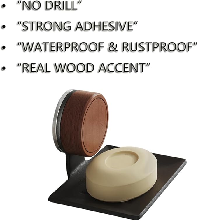 Soap Dish, Walnut and Stainless Steel, Soap Bar Holder for Shower Suction Cup Wall Mounted, No-Drilling Waterproof Sponge Holder (Black)