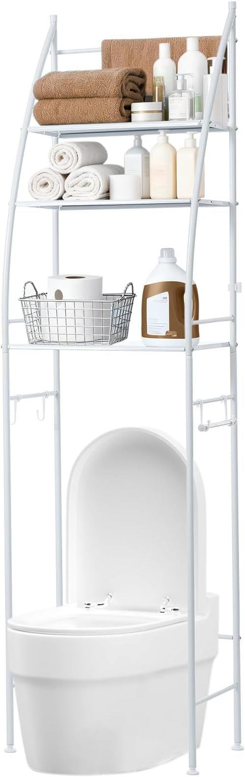 3-Tier Over The Toilet Rack,Bathroom Shelf Space Saver,Corner Stand Storage Organizer Accessories,The Over The Toilet Storage,with Hanging Rod,Tower Shelf,White (White-FCK, one Size)