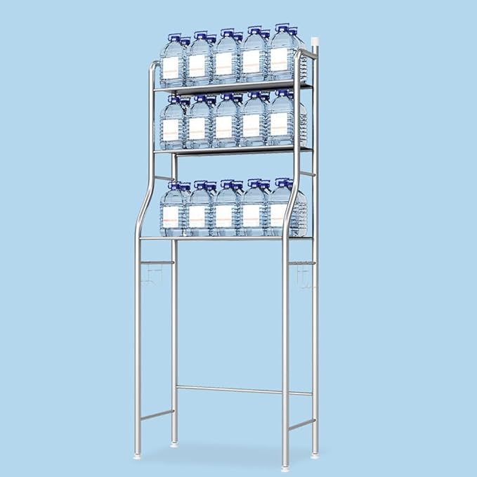 2-Tier Over The Toilet Storage, Freestanding Metal Bathroom Shelves, Above Toilet Storage Rack with Hooks and Paper Holder, Space-Saving, for Bathroom Restroom Laundry, Stainless Steel