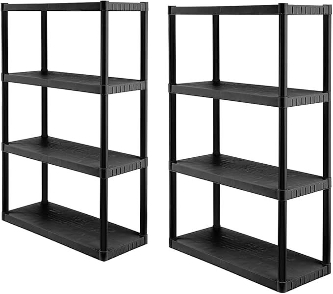 CX 4-Tier Medium Duty Plastic Storage Shelves that Support up to 75lbs/shelf, Organization and Storage, Weather-Resistant Design, Easy Assembly, 2 Pack, Black (52.1”H x 34.8”W x 14.6”D)