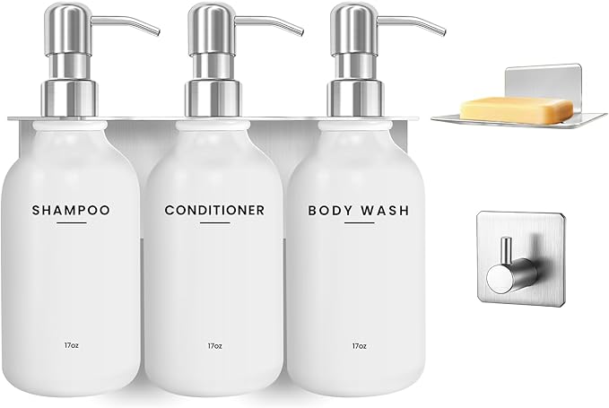 KOUCHU Shampoo and Conditioner Dispenser Set - Wall Mounted Shower Soap Dispenser - 17oz No-Drill Refillable Plastic Pump Bottles for Bathroom Kitchen - Includes Soap Dish and Hook (Silver)