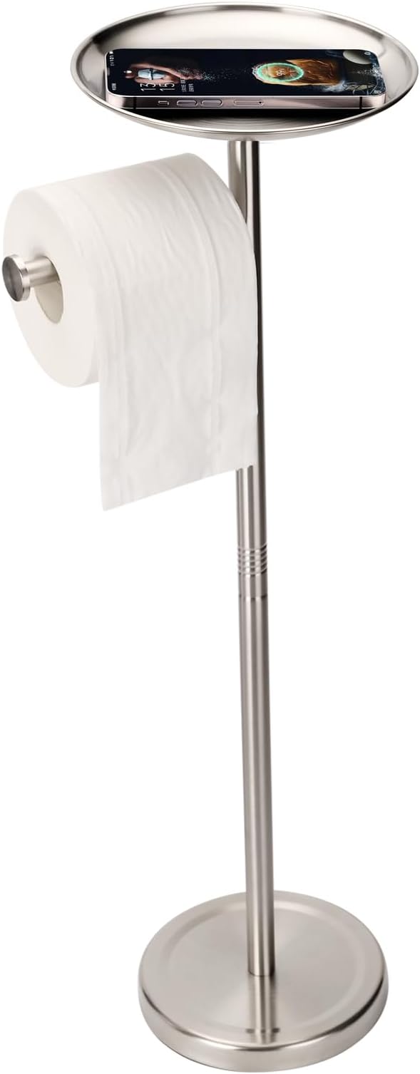 Tofix Freestanding Toilet Paper Holder with Shelf and Tray, Stainless Steel Base, Brushed Nickel