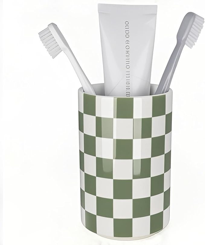 Tooth Brush Holder for Bathroom, Green Toothbrush Holders for Bathrooms, Modern Cute Ceramic Toothbrush Caddy, Toothbrushes and Toothpaste Cup for Bath Room Countertop Storage,Sage Green Decor