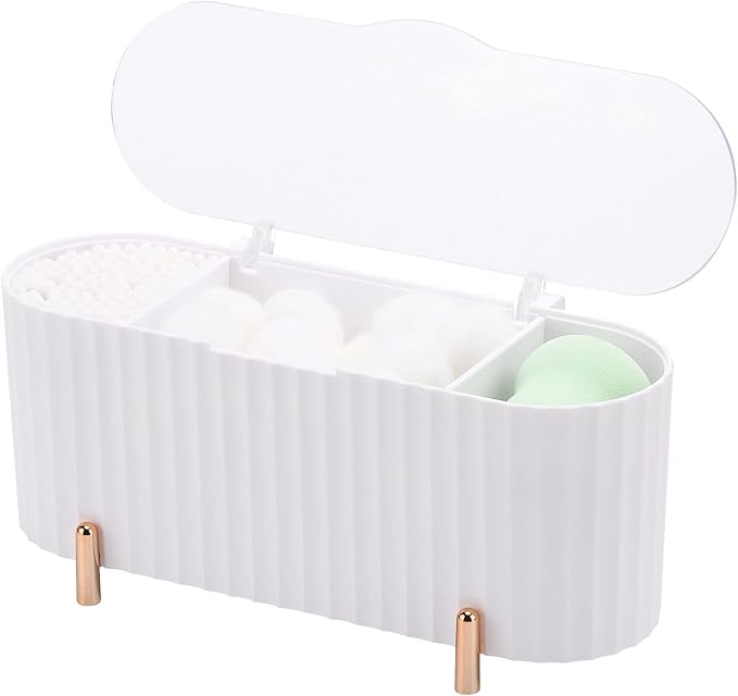 Tecbeauty Qtips Holder, 3 Grids Separate Cotton Swabs Ball Dispenser, Storage Box, Jar for Cotton Pads Bathroom Organizer Canisters - White