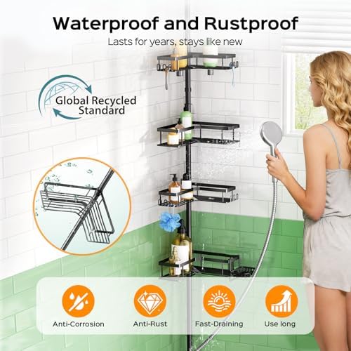 HAMITOR Shower Caddy Tension Pole: 4-Tier Corner Bathroom Organizer Shelf with Soap Holder & Hooks - No-Drill Adjustable Standing Storage Rack for Apartment Renters - 47-123 Inch Black