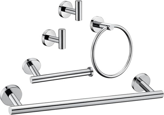 5 Pieces Polished Chrome Bathroom Hardware Accessories Set,Hand Towel Ring,16 inch Towel Bar,Toilet Paper Holder,2pcsTowel Hooks,Round SUS304 Stainless Steel Heavy Duty Wall Mount Holder,Towel Rack