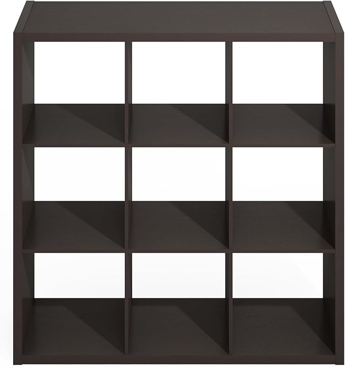 Furinno Simple Cube Storage Organizer, 9-Cube Display Shelf, Open Back Shelving Unit, Storage Shelves, Extra Thick Frame, for Organization and Storage, Living Room, Home Office, Black Dark Oak