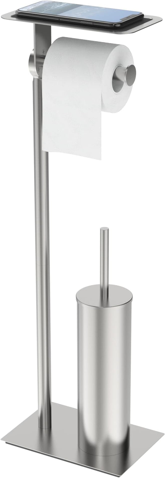 Toilet Paper Holder Stand, Free Standing Toilet Paper Holder with Shelf for Bathroom, Stainless Steel Brushed Nickel Toilet Tissue Holder with Brush and Holder Set, Weighted Base