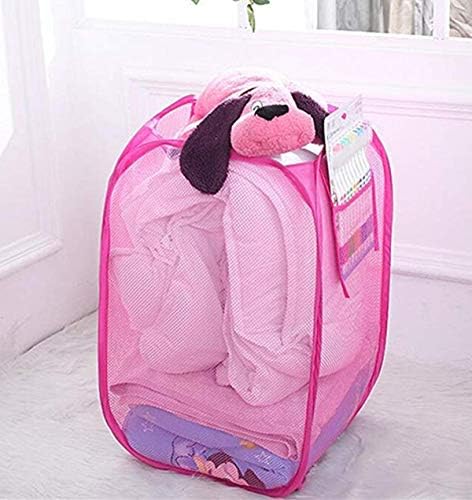 Small Collapsible Kids Hamper Fold Office Waste Bins Pop Up Basket Laundry Sorter For Bedroom Closet,Living Room,Camp Pink