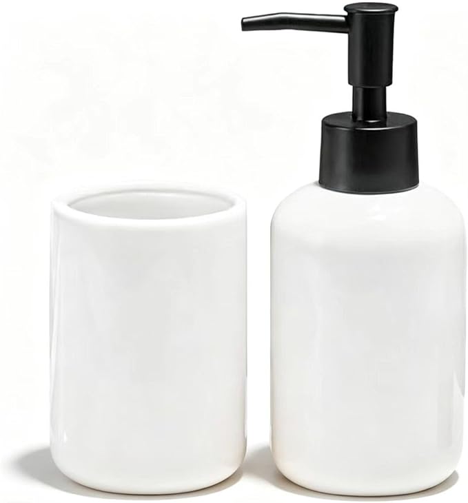 White Bathroom Accessories Set 2 Pieces,Ceramic Soap Dispenser and Toothbrush Holder,Modern Decor Bath Set Countertop Organizer