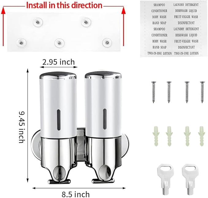 2 Chamber Wall Mounted Bathroom Shower Pump Dispenser and Organizer-Holds Shampoo, Soap, Conditioner, Shower Gel, for Bathroom Kitchen Hotel (White)