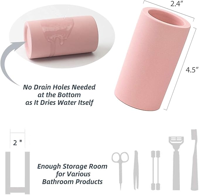 Organic Diatomite Toothbrush Toothpaste Makeup Brushes Razors Holder Bathroom Countertop Organizer Stand Cup Organizer (Pink)